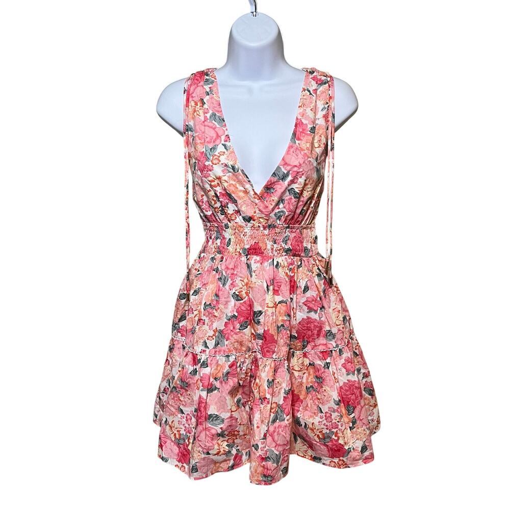 Hello Molly Sandy Shores Mini Dress M Pink Floral Smocked Waist Open Back Preppy - Picture 4 of 10